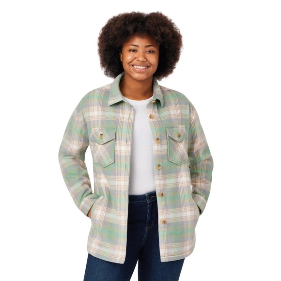 Member's Mark Jackets & Blazers - Members Mark Flannel Shirt Jacket Shacket Green Purple Plaid Girls XL 14 - 16